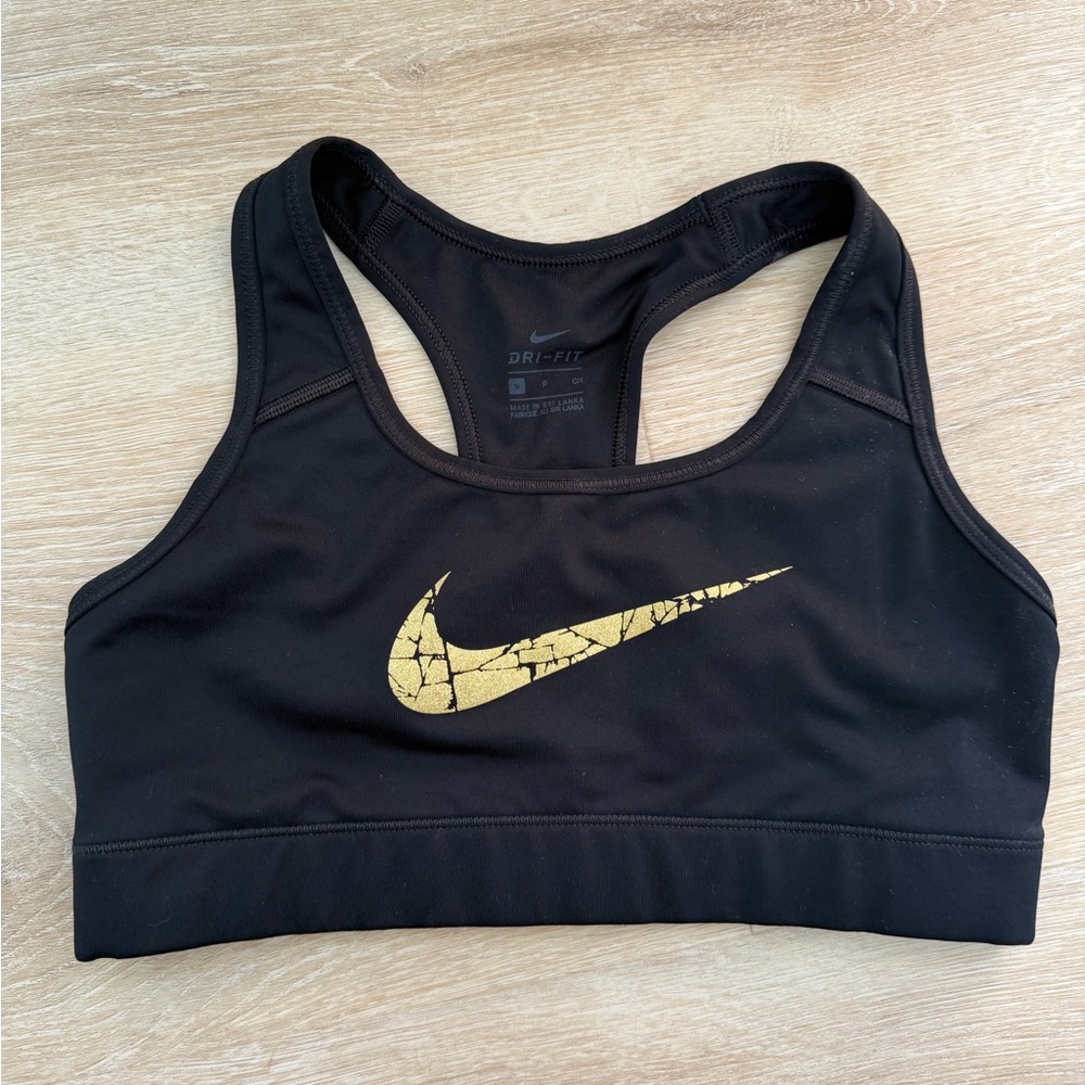 Nike Black Sports Bra with Cracked Gold Swoosh Small Dri-Fit
